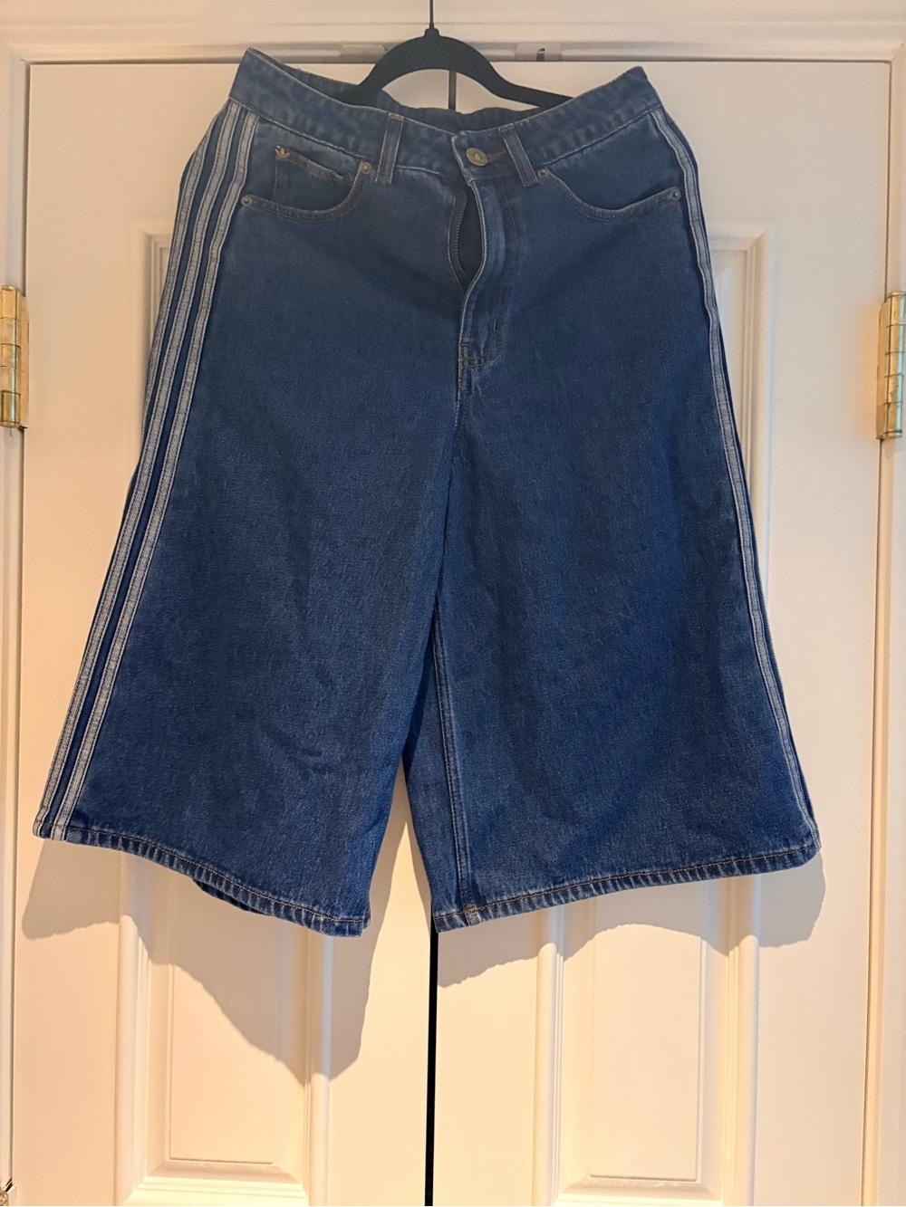adidas Navy Denim Wide-Leg Shorts with White Side Stripes